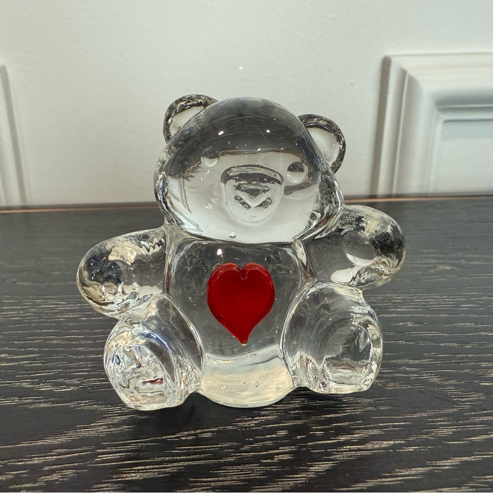 Glass Teddy Bear Paperweight With Fused Applied Red Heart Glows